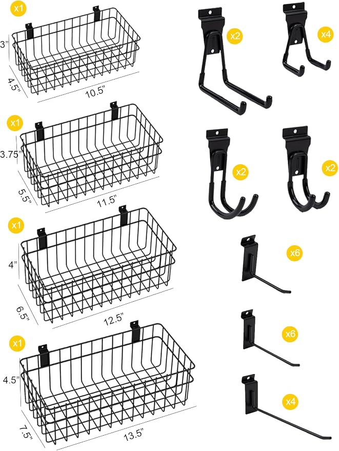 Slatwall Accessories Slatwall Hook Slat Wall Hanging Hook Garage, Slat Wall Accessory Includes 4 Pack Slatwall Baskets Set and 26 PCS Multisized Heavy Duty Slatwall Hooks (30 Hook)