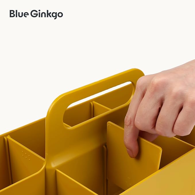 BLUE GINKGO Stackable Organizer Caddy, Long, Yellow, Made in Korea | Portable. Adjustable. Home, Office & School Storage.