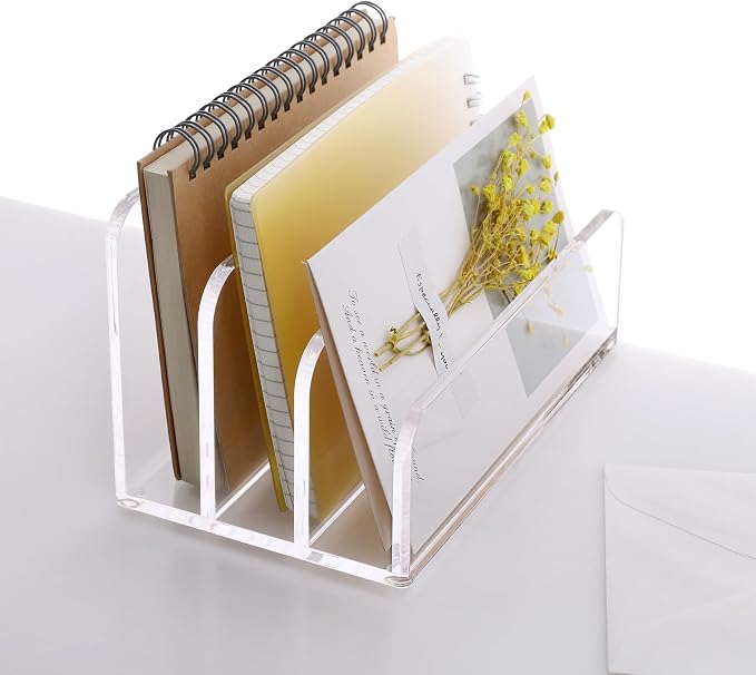 SANRUI Clear Acrylic Mail File Organizer Sorters for Desk, 3 slot Laddered | Desktop Vertical Letter Holder, Multifunction Envelope Folder Racks Holders for Office,Home, School
