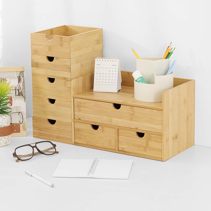 Bamboo Desk Drawer Organizer, Desktop Organizer with Drawers(2 Drawers) | 2 Drawers Open Top Tray Fully Assembled Stores Pens, Notes, Makeup, Jewelry & Toiletries for Office, Vanity & Bath