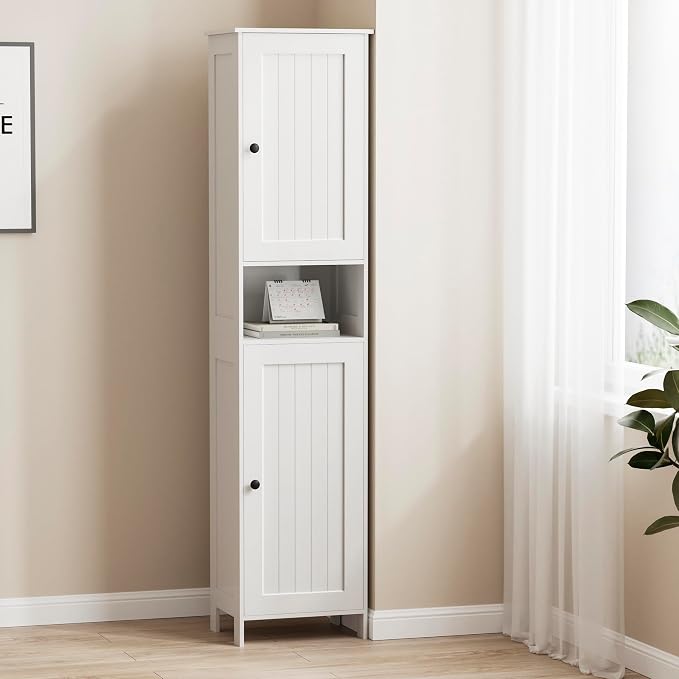 Homleke Tall Bathroom Storage Cabinet with 2 Doors, Slim Bathroom Cabinet | Narrow Storage Cabinet with Adjustable Shelves, Anti-Tip Design, Reversible Door, Easy Assembly, White, 15.7''W