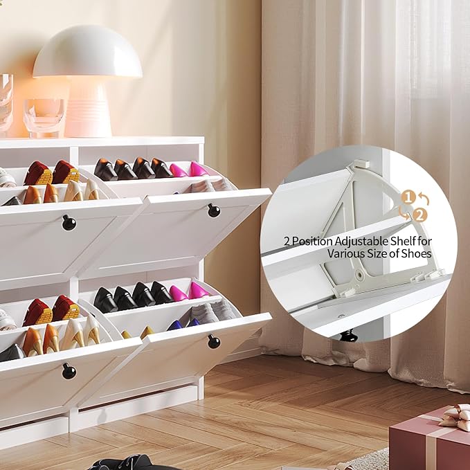 VOWNER Shoe Cabinet with 4 Flip Drawers, Freestanding Shoe Storage Cabinet with Adjustable Shelf & Anti-Tipping Device, Shoe Rack for Entryway, Hallway, Living Room (White) | 4 Flip Drawers
