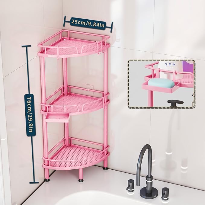 Consumest Corner Shower Caddy Stand - 3 Tier Shower Organizer with Soap Holder, Tall Floor Corner Shelf Standing with Adjustable Feet & 4 Hooks, Storage Rack for Bathroom Pink