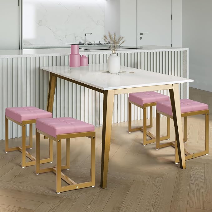 Vanity Stool, Pink Small Vanity Stools Chair, Square Cushion Makeup Chairs for Vanity, Metal Foot Stool Ottoman Seat for Bedroom Makeup Living Room, Pink & Gold