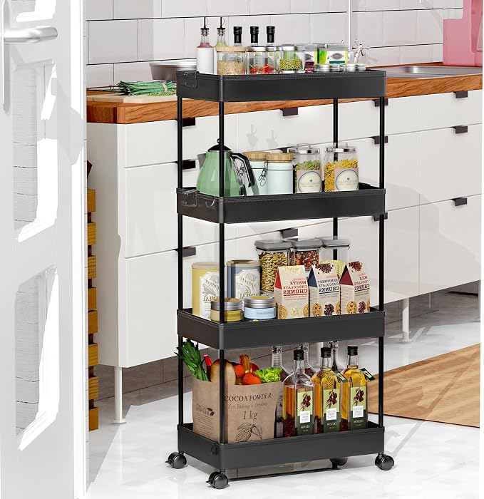 SPACEKEEPER Storage Cart 4-Tier, Bathroom Rolling Cart Utility Storage Organizer Shelf Mobile Shelving Unit for Kitchen Living Room Bathroom Laundry Room & Dressers, Black | Mobile Storage Cart for Laundry Room Organization,Kitchen,Office,Bathroom, Uti...