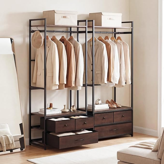 Tangkula Freestanding Small Clothes Rack, Heavy Duty Coat Rack with Drawers, Shelves, Hooks & Hanging Rod, Metal Closet Organizer Garment Rack, Industrial Hall Tree for Entryway, Hallway, Bedroom