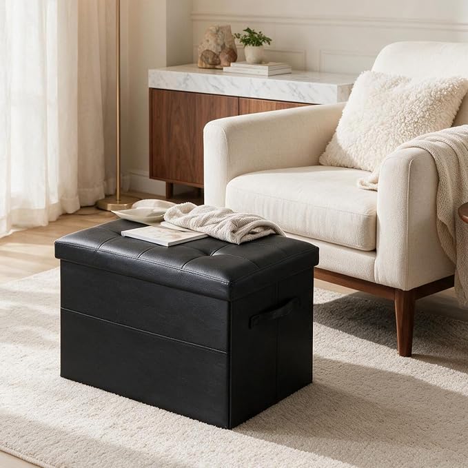 Storage Ottoman Foot Rest Bench with Side Pocket, Small Faux Leather Ottoman with Storage, Foot Stool with Storage for Living Room, Bedroom, Entryway, Dorm. 350LBS, 17x12.6x12.6in, Black.