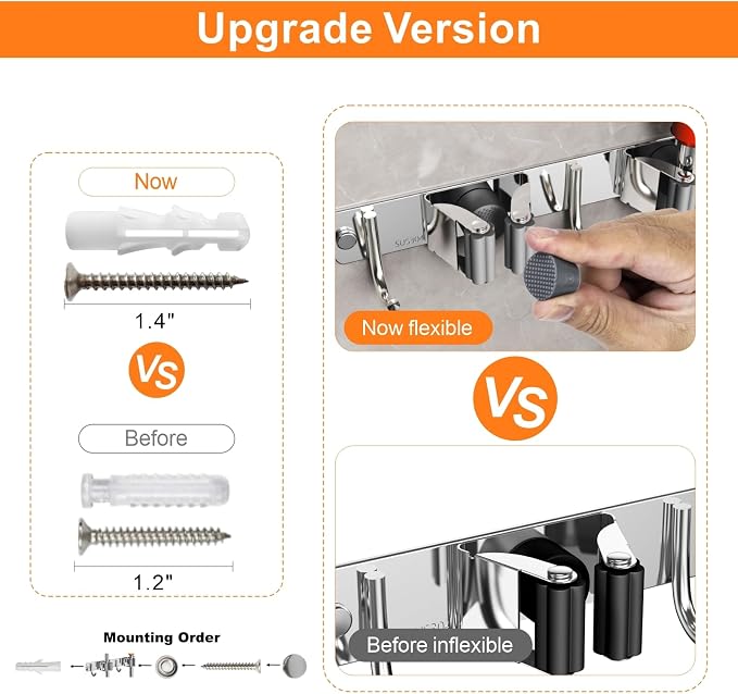 CUXIXA Mop and Broom Holder Wall Mount, Upgraded Broom Organizer Wall Mount, Stainless Steel Broom Hanger Wall Mount for Home Kitchen Garden Laundry Garage (4 Racks with 5 Hooks Silver)