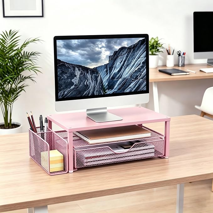 Spacrea Desk Organizer and Accessories, Computer Monitor Stand Riser with Drawer and 1 Open Pen Holder, Printer & Laptop Stand, Office Desk Accessories for Home Office Supplies (Pink)