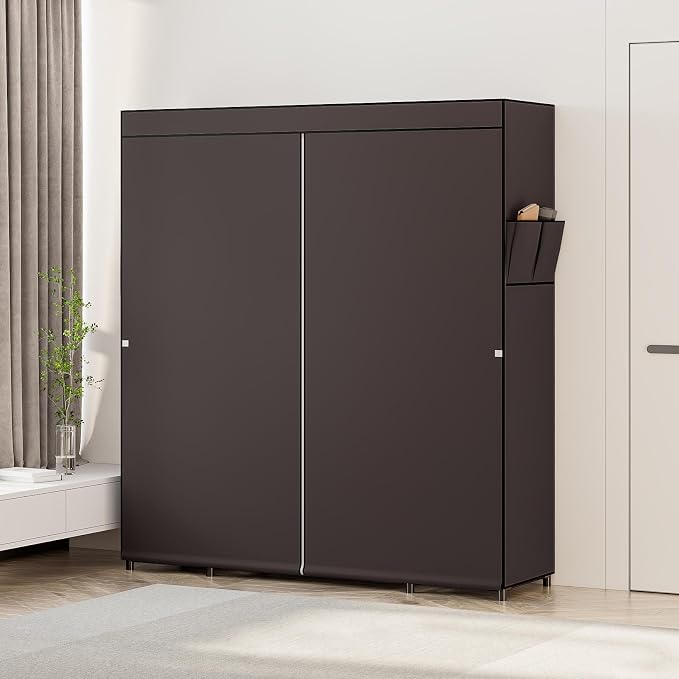SORCEDAS Portable Closet Wardrobe Organizer Storage with Cover Non-Woben Fabric Portable Wardrobe Closet for Hanging Clothes Racks Shelving 33 Inch for Bedroom, Blue (Coffee, 59Inch)