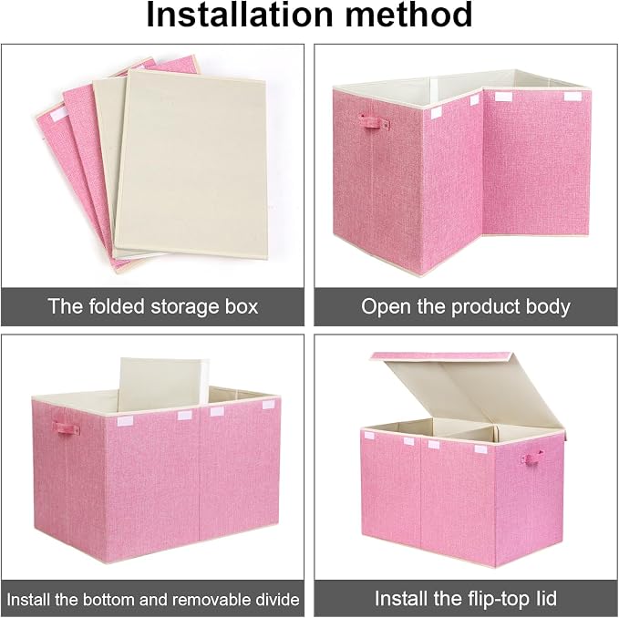 122L Large Toy Box Chest Storage with Lid, Collapsible Kids Toy Storage | Toy Chest with with Removable Divider for Kids, Boys, Girls, Nursery, Living Room, Bedroom, 26"x17" x17" (Linen Pink)