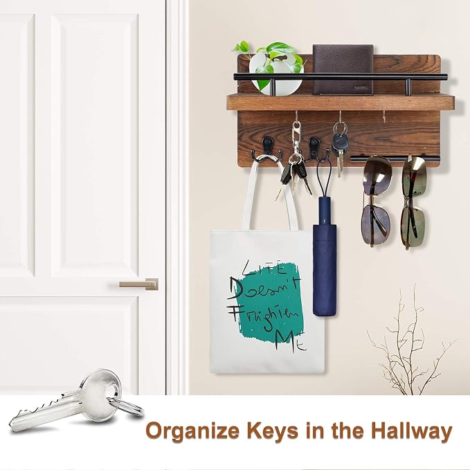 OurWarm Wall Mounted Key Holder/Hangers for Wall Decorative with 5 Key Hooks, Wooden Mail Rack Organizer with Shelf, Rustic Home Decor for Entryway Mudroom Hallway Office, Brown
