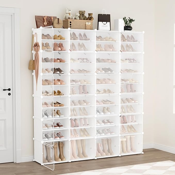 Portable Shoe Rack Organizer with Door, 96 Pairs Shoe Storage Cabinet Easy Assembly, Plastic Adjustable Shoe Storage Organizer Stackable Detachable Free Standing DIY Expandable 12 Tier White