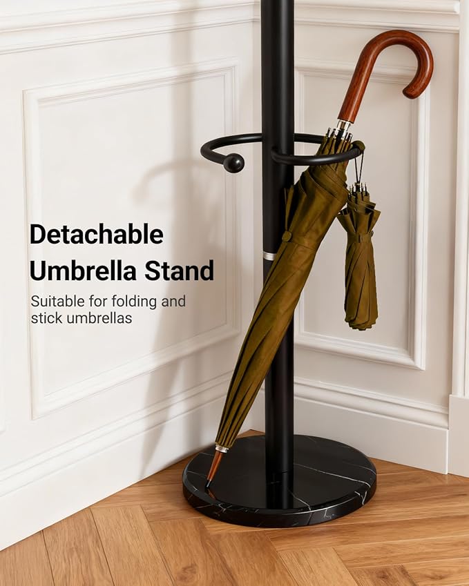 Pipishell Metal Heavy Duty Coat Rack with Sturdy Marble Base, Coat Tree with 16 Hooks & Detachable Umbrella Holder,Coat Rack Freestanding for Entryway, Corner, Bedroom and Home Office, Black