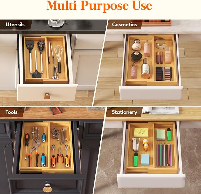 Lifewit Utensil Organizer for Kitchen Drawer, Expandable Cooking Utensil Tray, Cutlery Silverware Flatware Holder, Wood Adjustable Spatula Tools Storage Divider, 7-12 x 15.75", Natural