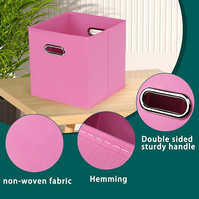 Black Foldable Storage Cubes Bins, Fabric Storage Box Cubes Organizer Baskets with Dual Handles for Home Organizer,Set of 3,(Pink)