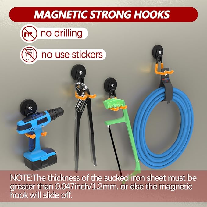 3-H Heavy Duty Magnetic Hooks, Large Magnet Hooks,4 Pack Orange | No-Drill Tool Holder for Garage,Power Drill,Garden Tools,Hose Storage