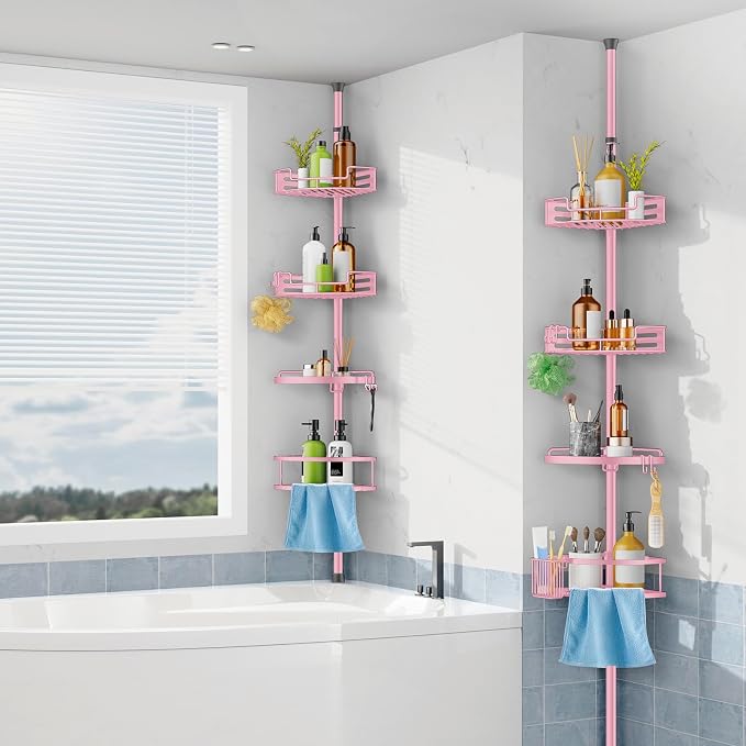 HAMITOR Corner Shower Caddy, 4 Tier Adjustable Bathroom Organizer - Pink | Corner Shower Caddy Tension Pole, No-Drill Setup, Rustproof Shelves Perfect for Bathrooms, Dorms & Apartments - 47-121in