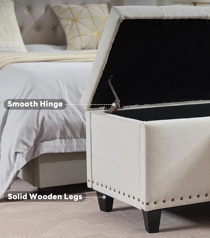 Tbfit Ottoman with Storage, 50.8" Upholstered Button Tufted End of Bed Bench with Safety Hinge & Rivets, Large Entryway Bench, Foot Rest Stool for Bedroom, Living Room (Beige)