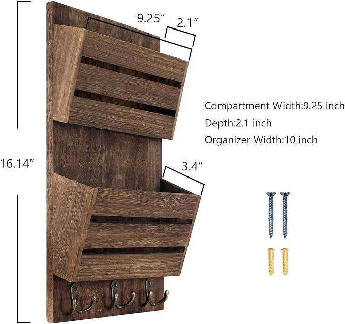 Unistyle Mail Organizer with 4 Hooks, Rustic Brown Wall Mount, Cedar Wood Key Holder for Letters, Magazines, Keys, Dog Leashes