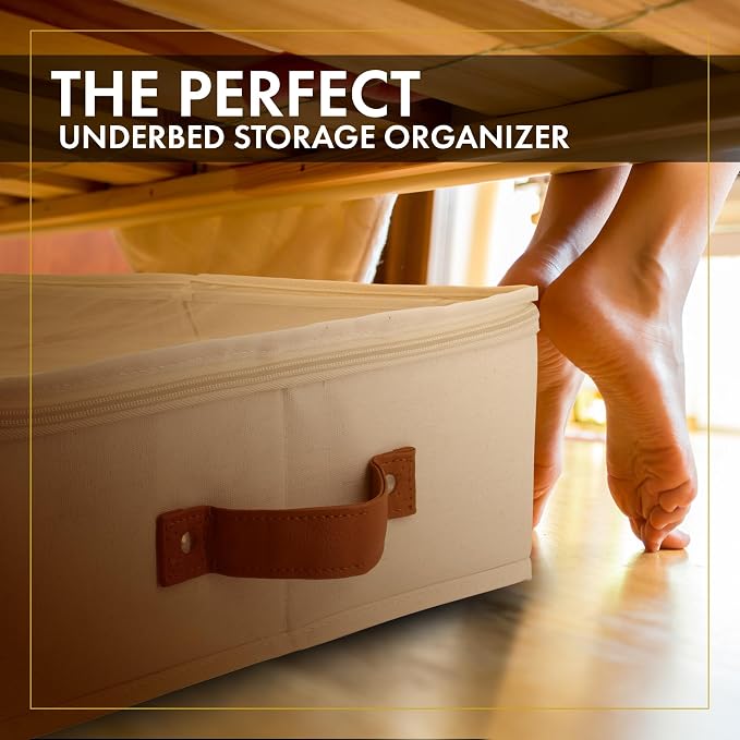 2pc Under Bed Storage Containers, Bedroom Under the Bed Drawer Storage Organizer with Bins and Lids, Large Underbed Clothes Storage Box Ideal for Blanket, Fabric, & Shoes (Ivory)