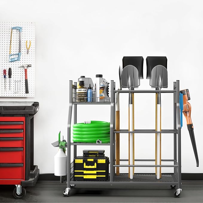 EVERHANGER Garden Tool Organizer Stand, Garage Tool Storage Organization, Yard Tool Racks with lockable wheels, Fit for Long-Handled Tools/Rakes/Brooms