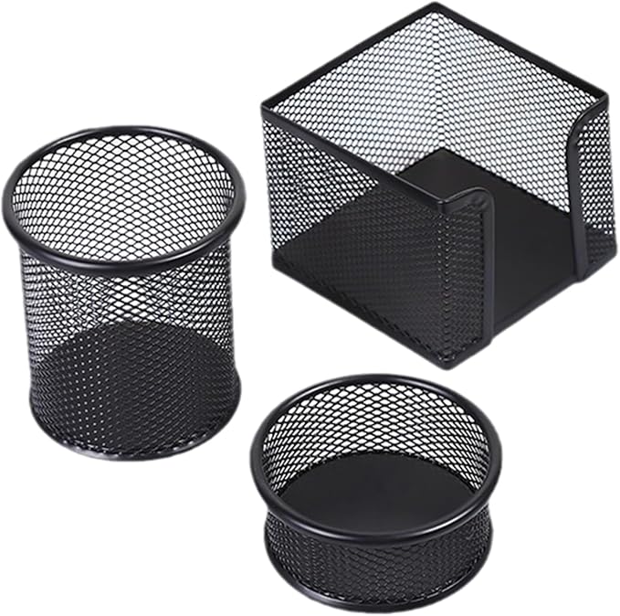 3-Piece Metal Desk Organizers Set, Mesh Pencil Holder with Sticky Note Holder and Paper Clip holder, Stationery Storage for Home, Classroom & Workplace