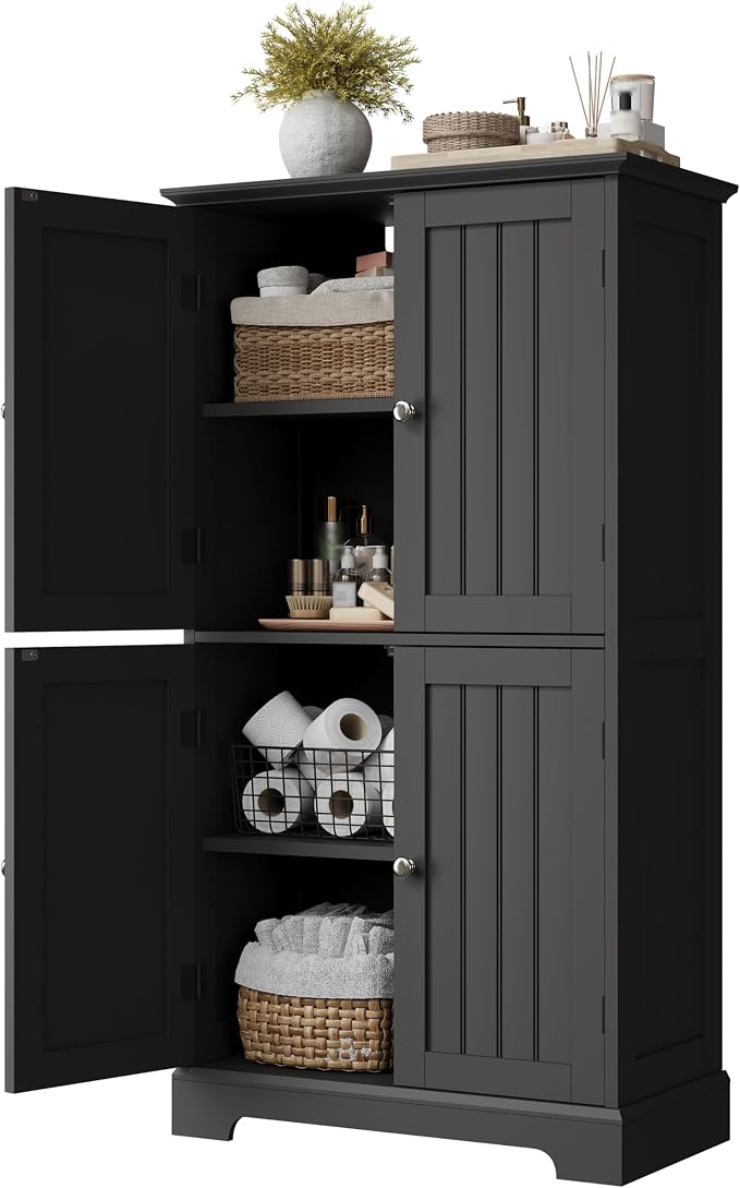 ChooChoo Bathroom Floor Cabinet with Adjustable Shelves | Bathroom Storage Cabinet, 4 Doors, Freestanding Cupboard for Living Room, Black