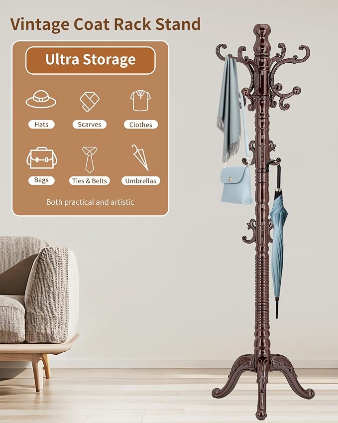 Wooden Coat Rack Stand, Solid Wood Freestanding Coat Rack, Vintage Coat Racks with 14 Hooks & Triangle Base, Standing Coat Hanger Jacket Tree Stand for Office, Entryway, Hallway