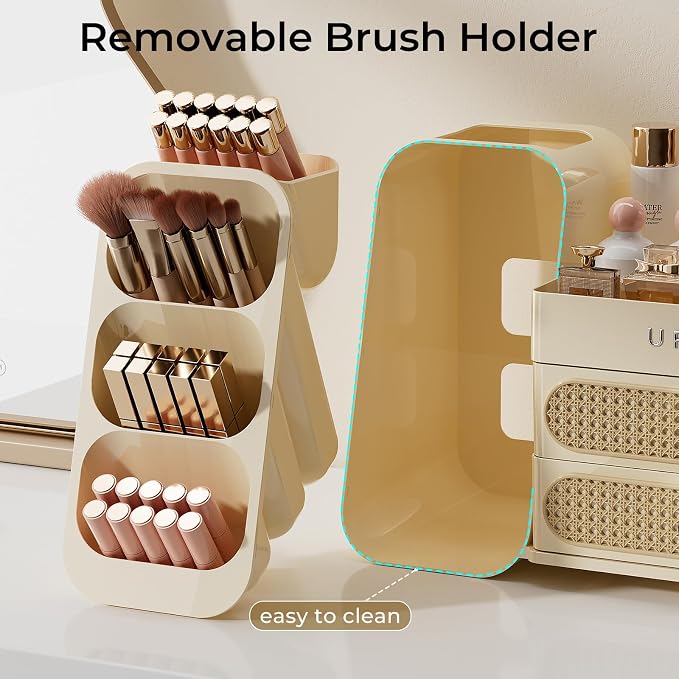 UFORU Makeup Organizer Countertop with Brush Holder for Vanity Bathroom | Large Capacity, Thickened Plastic, 2 Rattan Drawers, Compact Size, Detachable Brush Holder, Divided Compartments, Easy Access