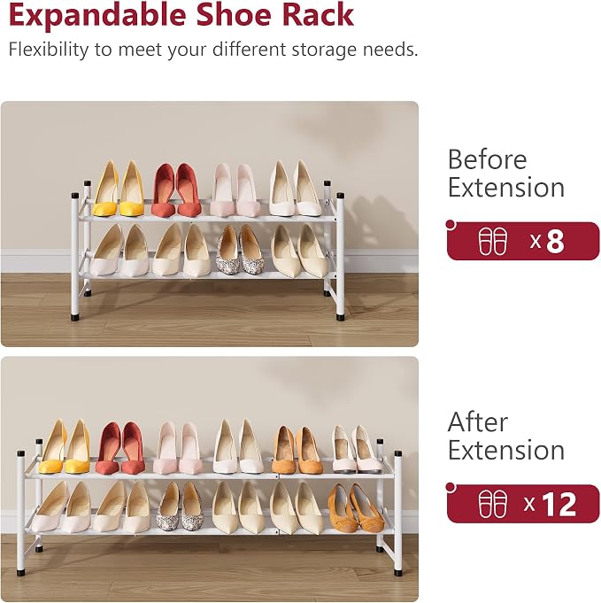 Expandable Shoe Rack for Closet 2 Tier, 28“-41“Stackable, White | Adjustable Shoe Organizer Closet Shoe Rack Floor, Metal Shoe Shelf Storage for Entryway, Closet, Garage, Front Door Entrance