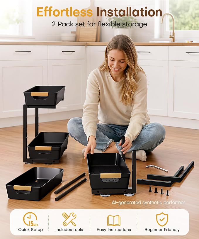 Homde Sliding Under Sink Organizer: 2-Pack Pull-Out Rack for Kitchen | 4 Easy-Access Baskets for Cluttered Cabinets - Busy Families Find Everything Instantly - Full-Extension Glide Design