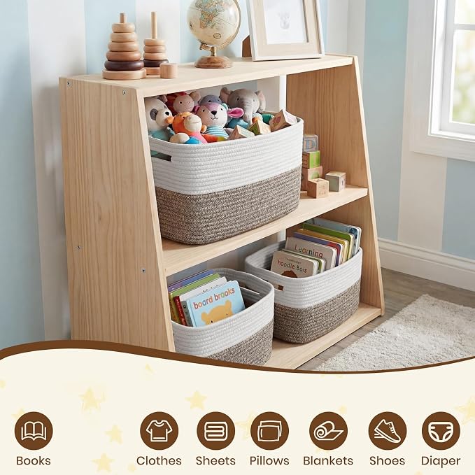 Storage Baskets for Organizing, 14 x 10 x 9” Closet Shelf Woven Baskets, Square Bins with Handles, Cotton Rope Basket for Clothes, Office, Room, White+Dark brown 1 Pack