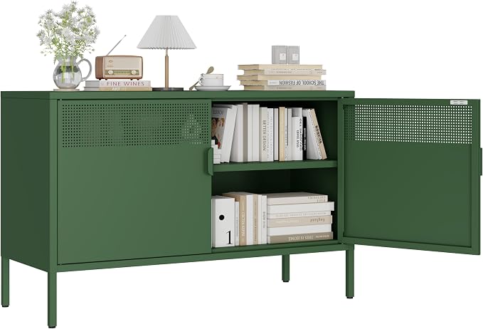 Metal Storage Cabinet with 2 Doors & Adjustable Shelves, Green | 25"H Accent Cabinet, Metal Locker Storage Cabinets, TV Stand Cabinet for Home, Office, Living Room, Entryway