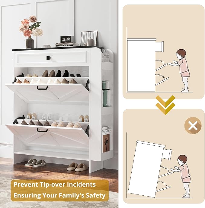 IRONCK Shoe Storage Cabinet with 2 Flip Drawers & Barn Door, White/Black | Freestanding Shoe Cabinet Organizer with Drawer and Shelves for Entryway, Farmhouse Shoe Rack Cabinet