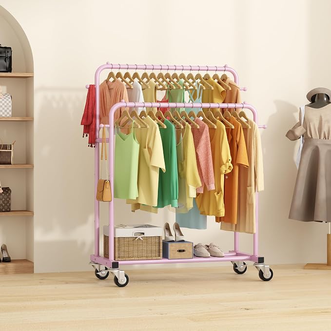 Laiensia Double Rods Garment Rack with Wheels, Clothing Rack for Hanging Clothes,4 Hooks, Multi-Functional Bedroom Clothes Rack, Pink