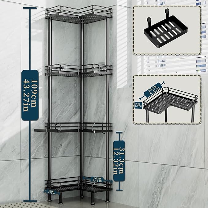 Consumest Corner Shower Caddy Standing - 4-Tier Stainless Steel Shower Organizer with Soap Holder and 4 Hooks, Large Capacity Corner Shelf Stand for Bathroom, Rest Room, Black