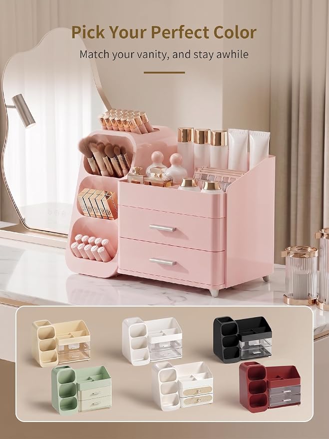 Booklov Large Makeup Organizer for Vanity Countertop, Pink | Plastic Cosmetic Display Case with Drawers, Beauty Brush Holder for Bathroom Counter, Skin Care Perfumes Storage