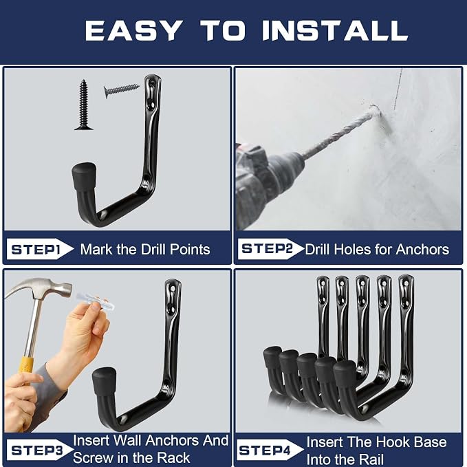 Dreecy 10 Pack Garage Storage J Utility Hooks, Heavy Duty J Utility Hooks Hangers for Garage Wall Hanging Garden Tools, Ladder, Bike, Hose, Black