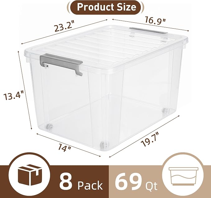 Citylife 69 QT Plastic Storage Bins with Latching Lids Stackable Storage Containers for Organizing Large Clear Storage Box for Garage, Closet, Kitchen, 8 Packs