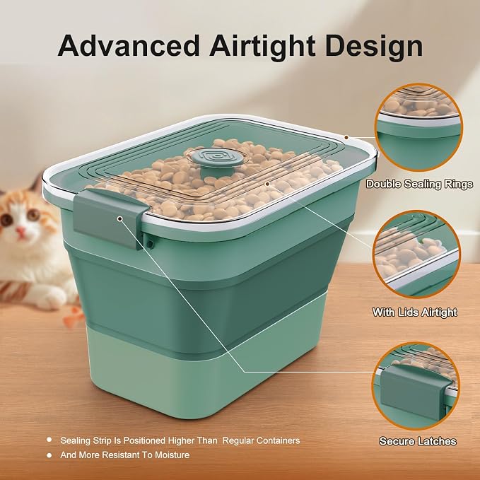 Dog Food Storage Container, 15-23 Lbs Collapsible Dog Food Container with Transparent Airtight Lid, Wheels and Scoop, Travel Pet Food Storage Container for Cat, Dog and Bird, Keep Dry Food Fresh