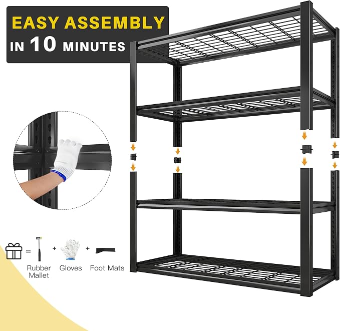 REIBII 40" W Storage Shelves with Wire Mesh Panels for Garage Organization | 560Lbs/tier, 40" W x 19.5" D x 59.5" H, Adjustable, 4-Tier, Double-Layer Frame, Rustproof Finish, for Basement Warehouse, 4Pc