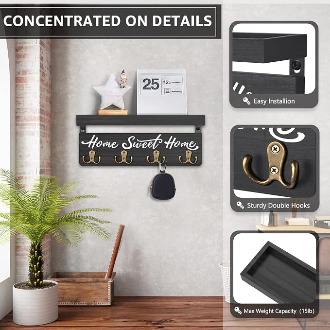 buways Key Holder for Wall Decorative, Rustic Wooden Key Hanger for Wall with 4 Double Key Hooks, Farmhouse Key Holder Rack and Mail Organizer for Home Entryway Decor(Black)