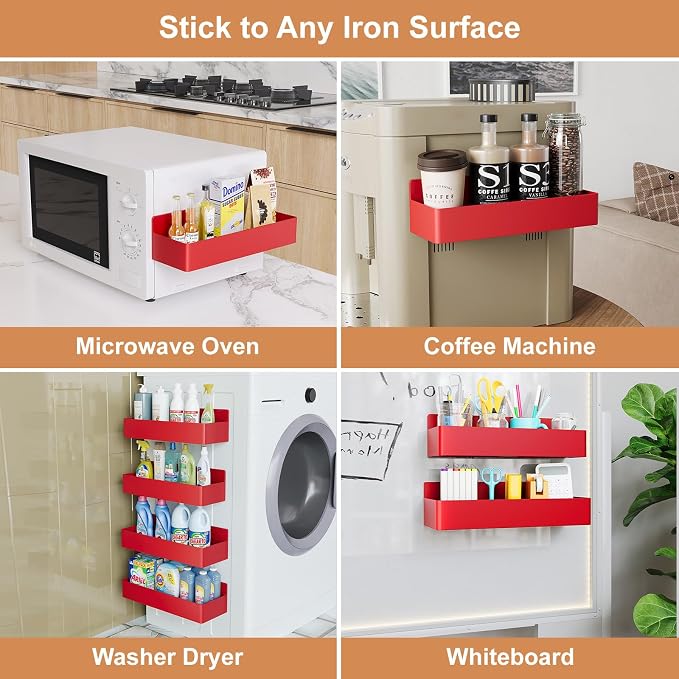 Mystozer Magnetic Spice Rack for Refrigerator, Kitchen Organizer and Storage Shelf, Red (4 Pack)…