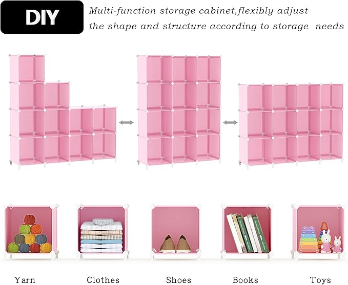 AWTATOS 12 Cube Storage Organizer, Closet Organizers Storage Shelves, Pink | Portable Closet Organizers, DIY Stackable Storage Cubes Shelves Bookshelf, Plastic Clothes Shelving for Home, Bedroom