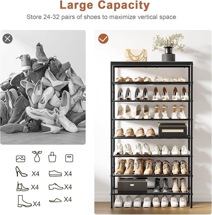 8 Tier Metal Shoe Rack with Wood Top, 24-32 Pairs Black | 52in tall maximizes vertical space. 2 iron sheets for heels. Remove a layer for tall boots. Versatile for home.