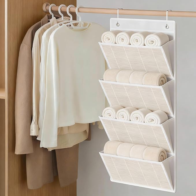 hanging wall file organizer, Over the door file folder organizer with 4 Large Bamboo Pockets, Suitable for Home, Office, Back to School Supplies Storage and Organization (White)