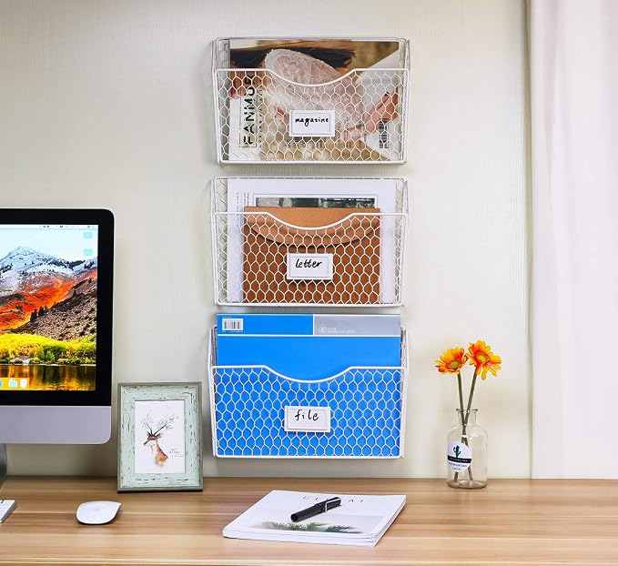 3 Pockets Hanging File Holder Wall Mount Mail Organizer Metal Chicken Wire Magazine Rack with Tag Slot, White