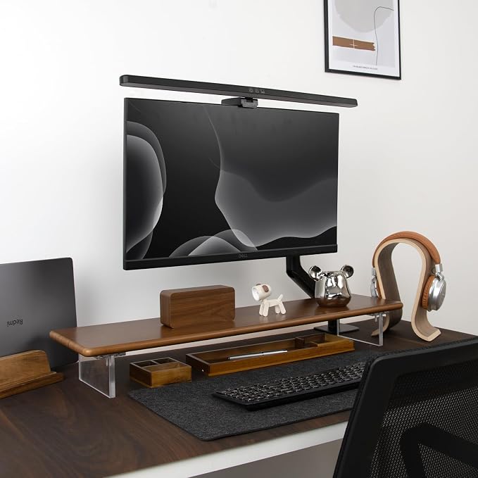 Bamboo Monitor Stand Riser, Brown Desk Shelf with Acrylic Legs | 31.5-Inch Wide, 3.3-Inch Clearance, Fits Monitor, Laptop, Printer and Speakers for Small Desks