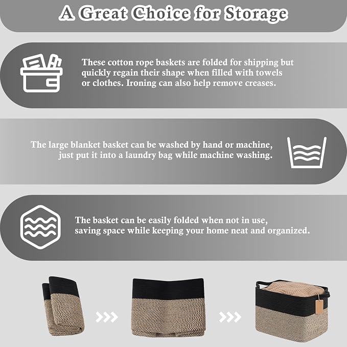 Goodpick Large Wicker Storage Baskets for Organizing, Black & Jute | 50L, 18 × 14 × 12 in, Reinforced Handles, Shoes, Towels & Toys Storage, Living Room, Bedroom & Nursery Organization